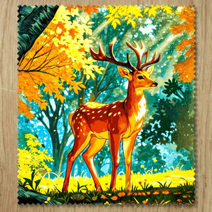 Chiffonnette illustrée d'un cerf majestueux dans une clairière automnale dorée, dessin artisanal cerf dessin