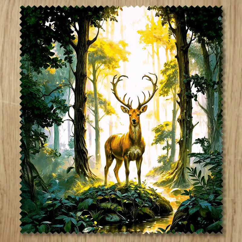 Chiffonnette illustrée d'un cerf majestueux dans une forêt dorée, dessin artisanal cerf forêt