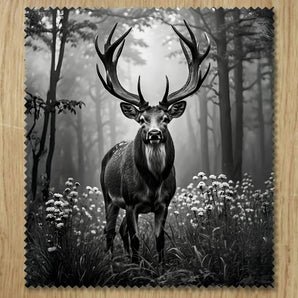 Chiffonnette illustrée d'un cerf majestueux en noir et blanc, dessin artisanal cerf noir et blanc