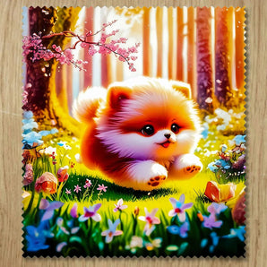 Chiffonnette illustrée d'un chiot Poméranien duveteux dans une forêt printanière, dessin artisanal chiot fluffy
