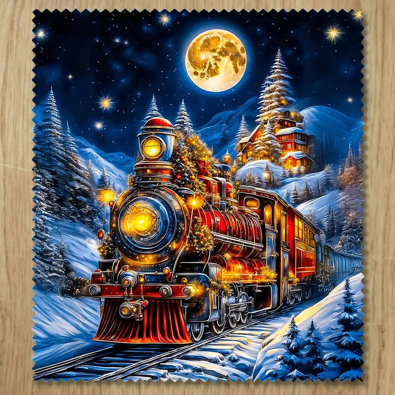 Chiffonnette Train de Noël illustrée à la main en Anjou