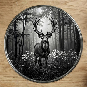 Magnet illustré d'un cerf majestueux en noir et blanc, dessin artisanal cerf noir et blanc