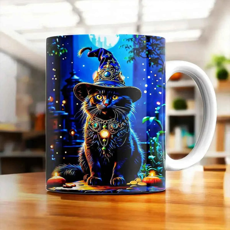 Mug avec un chat noir coiffé d'un chapeau de sorcier orné de bijoux dans une nuit magique, illustration artisanale chat sorcier