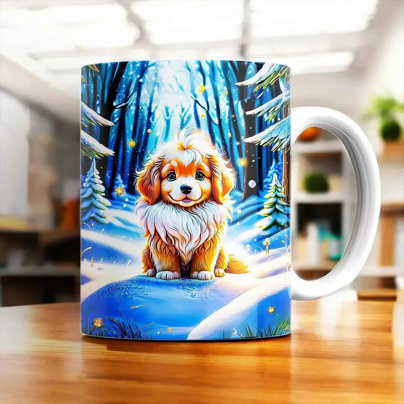 Mug avec un chiot roux et blanc assis dans une forêt enneigée nocturne, illustration artisanale chien neige
