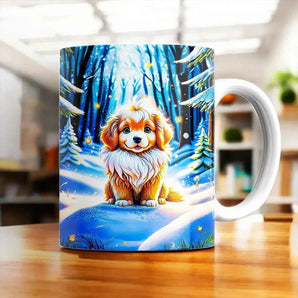 Mug avec un chiot roux et blanc assis dans une forêt enneigée nocturne, illustration artisanale chien neige