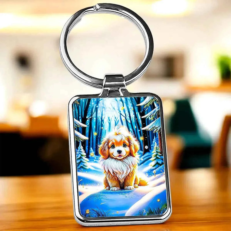 Porte-clé illustré d'un chiot roux et blanc dans une forêt enneigée nocturne, dessin artisanal chien neige
