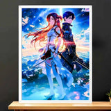 Cadre Blanc Asuna et Kirito Sword Art Online illustré à la main en Anjou