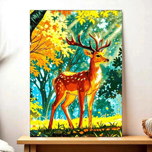 Tableau représentant un cerf majestueux dans une clairière automnale dorée, illustration cerf dessin
