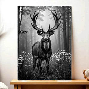 Tableau représentant un cerf majestueux en noir et blanc, illustration cerf noir et blanc
