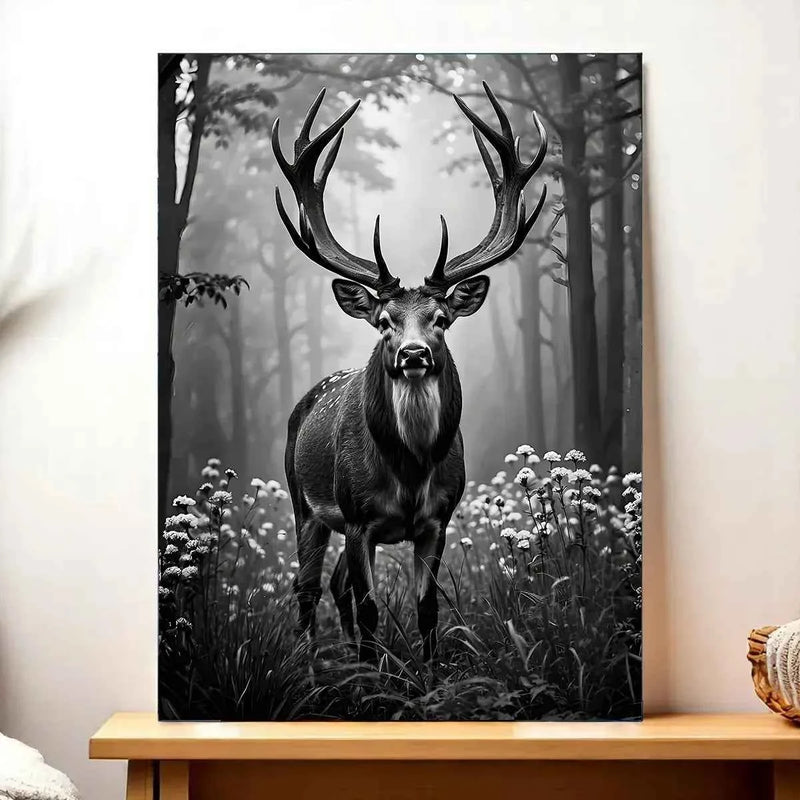 Tableau représentant un cerf majestueux en noir et blanc, illustration cerf noir et blanc