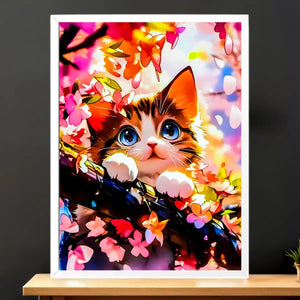 Cadre Blanc Chat Printemps illustré à la main en Anjou