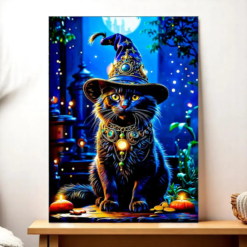 Tableau représentant un chat noir coiffé d'un chapeau de sorcier dans une nuit magique, illustration chat sorcier