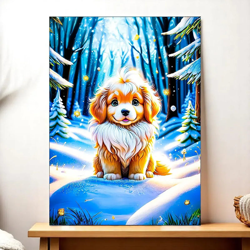 Tableau représentant un chiot roux et blanc dans une forêt enneigée nocturne et féerique, illustration chien neige