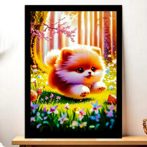 Tableau représentant un chiot Poméranien duveteux dans une forêt printanière dorée, illustration chiot fluffy