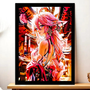 Cadre Noir Yae Miko Genshin Impact illustré à la main en Anjou