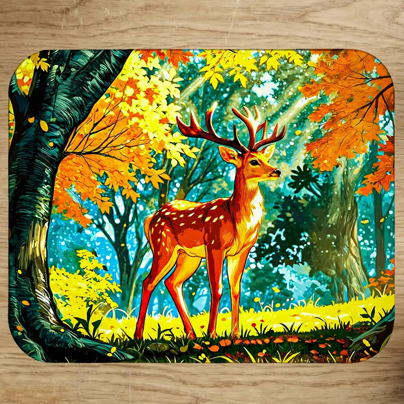 Tapis de souris illustré d'un cerf majestueux dans une clairière automnale dorée, dessin artisanal cerf dessin