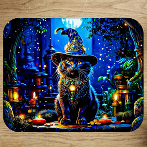 Tapis de souris illustré d'un chat noir coiffé d'un chapeau de sorcier dans une nuit magique, dessin artisanal chat sorcier