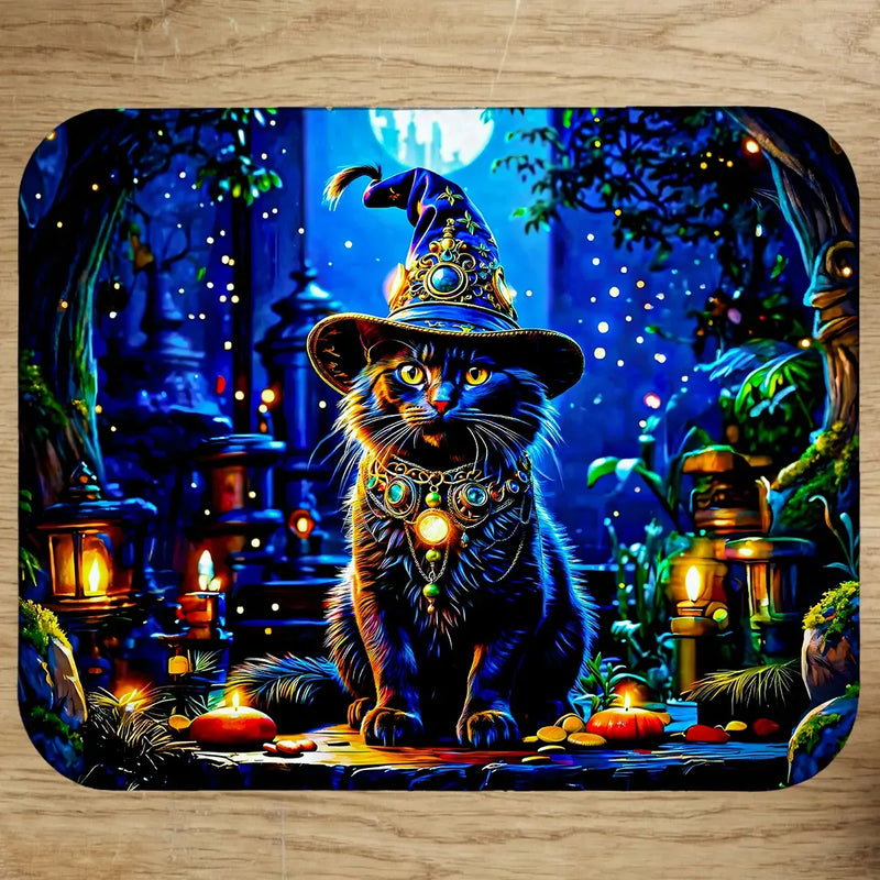 Tapis de souris illustré d'un chat noir coiffé d'un chapeau de sorcier dans une nuit magique, dessin artisanal chat sorcier