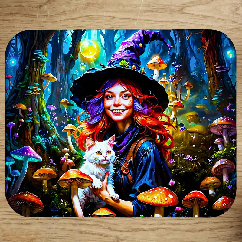 Tapis de Souris Sorcière Chat Champignon illustré à la main en Anjou