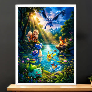 Cadre Blanc Pokémon starters de Kanto illustré à la main en Anjou