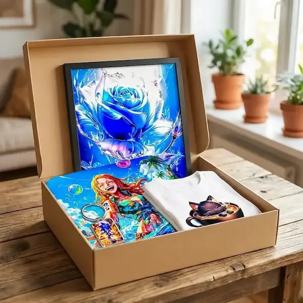 Une peinture vibrante d'une rose bleue dans un cadre noir, présentant des effets aquarelle dynamiques et des surlignages lumineux.