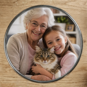 Magnet personnalisé avec une mamie sa petite fille et son chat