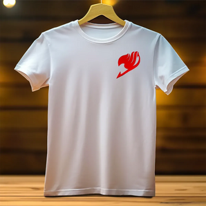 T-Shirt Natsu Fairy Tail illustré à la main en Anjou, manches courtes logo flamme