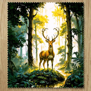 Chiffonnette illustrée d'un cerf majestueux dans une forêt dorée, dessin artisanal cerf forêt