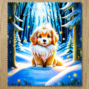 Chiffonnette illustrée d'un chiot roux et blanc dans une forêt enneigée nocturne, dessin artisanal chien neige