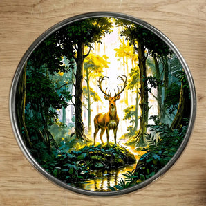 Magnet illustré d'un cerf majestueux dans une forêt dorée, dessin artisanal cerf forêt