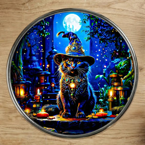Magnet illustré d'un chat noir coiffé d'un chapeau de sorcier dans une nuit magique, dessin artisanal chat sorcier