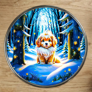 Magnet illustré d'un chiot roux et blanc dans une forêt enneigée nocturne, dessin artisanal chien neige