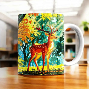 Mug avec un cerf majestueux debout dans une clairière automnale dorée, illustration artisanale cerf dessin