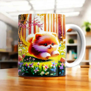 Mug avec un chiot Poméranien duveteux bondissant dans une forêt printanière dorée, illustration artisanale chiot fluffy