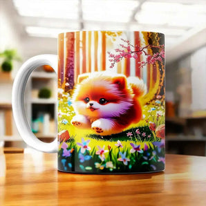 Mug avec un chiot Poméranien duveteux bondissant dans une forêt printanière dorée, illustration artisanale chiot fluffy