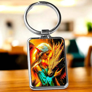 Porte-Clé Femme et Dragon illustré à la main en Anjou
