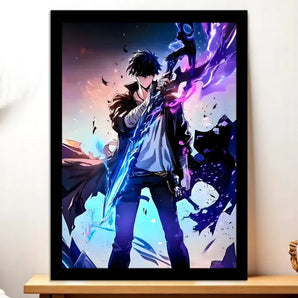 Cadre Noir Sung Jin-Woo Solo Leveling illustré à la main en Anjou