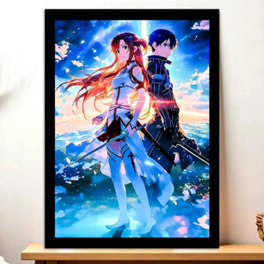Cadre Noir Asuna et Kirito Sword Art Online illustré à la main en Anjou