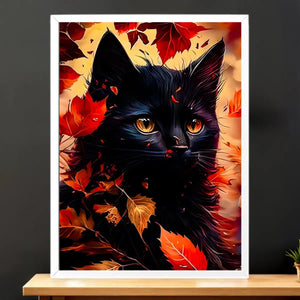 Cadre Blanc Chat Automne illustré à la main en Anjou