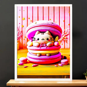 Cadre Blanc Chat Macaron illustré à la main en Anjou