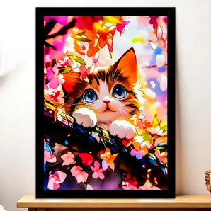 Cadre Noir Chat Printemps illustré à la main en Anjou