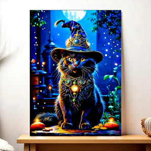 Tableau représentant un chat noir coiffé d'un chapeau de sorcier dans une nuit magique, illustration chat sorcier