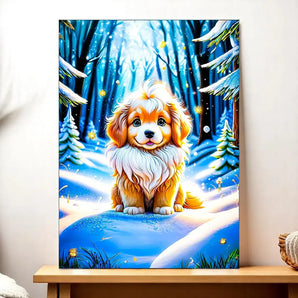Tableau représentant un chiot roux et blanc dans une forêt enneigée nocturne et féerique, illustration chien neige