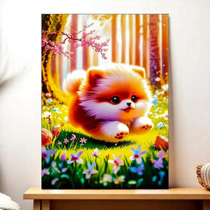 Tableau représentant un chiot Poméranien duveteux dans une forêt printanière dorée, illustration chiot fluffy