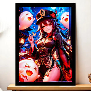 Cadre Noir Hu Tao Genshin Impact illustré à la main en Anjou