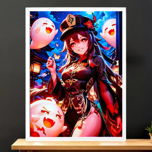Cadre Blanc Hu Tao Genshin Impact illustré à la main en Anjou