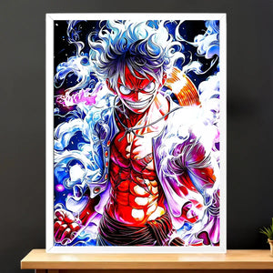 Cadre Blanc Luffy Gear 5 One Piece illustré à la main en Anjou