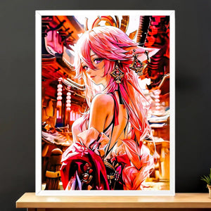 Cadre Blanc Yae Miko Genshin Impact illustré à la main en Anjou