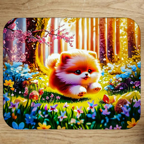 Tapis de souris illustré d'un chiot Poméranien duveteux dans une forêt printanière, dessin artisanal chiot fluffy