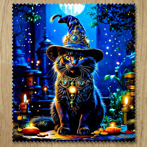 Chiffonnette illustrée d'un chat noir coiffé d'un chapeau de sorcier dans une nuit magique, dessin artisanal chat sorcier